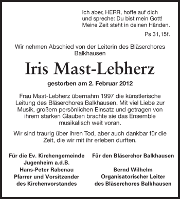 Traueranzeige von Iris Mast-Lebherz von Echo-Zeitungen (Gesamtausgabe)