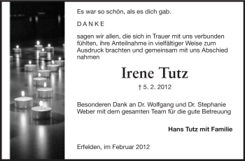 Traueranzeige von Irene Tutz von Rüsselsheimer Echo, Groß-Gerauer-Echo, Ried Echo