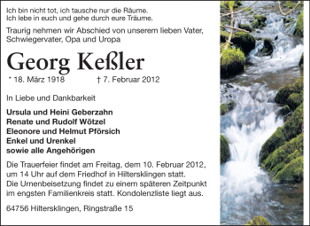 Traueranzeige von Georg Keßler von Odenwälder Echo