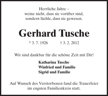 Traueranzeige von Gerhard Tusche von Darmstädter Echo, Odenwälder Echo, Rüsselsheimer Echo, Groß-Gerauer-Echo, Ried Echo