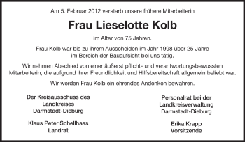 Traueranzeige von Lieselotte Kolb von Echo-Zeitungen (Gesamtausgabe)