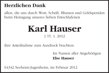 Traueranzeige von Karl Hauser von Echo-Zeitungen (Gesamtausgabe)
