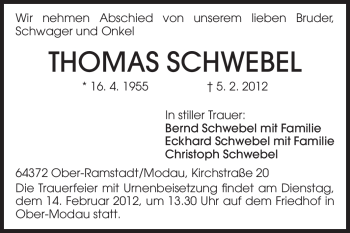 Traueranzeige von Thomas Schwebel von Darmstädter Echo, Odenwälder Echo, Rüsselsheimer Echo, Groß-Gerauer-Echo, Ried Echo