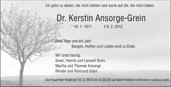 Traueranzeige von Kerstin Ansorge-Grein von Echo-Zeitungen (Gesamtausgabe)