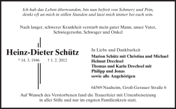 Traueranzeige von Heinz-Dieter Schütz von Rüsselsheimer Echo, Groß-Gerauer-Echo, Ried Echo