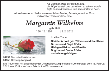 Traueranzeige von Margarete Wilhelms von Echo-Zeitungen (Gesamtausgabe)