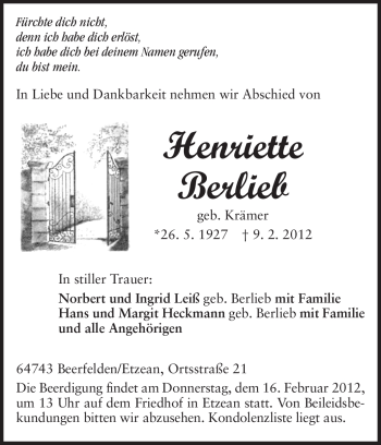 Traueranzeige von Henriette Berlieb von Odenwälder Echo