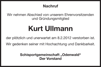 Traueranzeige von Kurt Ullmann von Odenwälder Echo