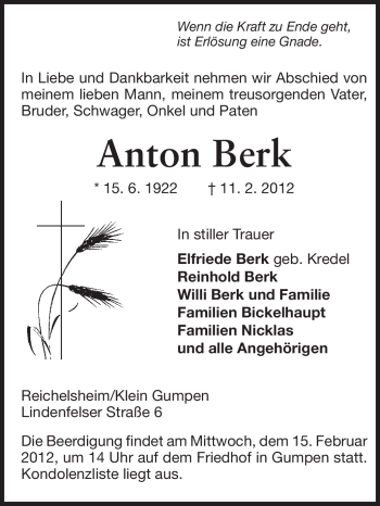 Traueranzeige von Anton Berk von Odenwälder Echo