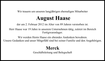 Traueranzeige von August Haase von Echo-Zeitungen (Gesamtausgabe)