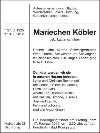 Traueranzeige von Mariechen Köbler von Odenwälder Echo
