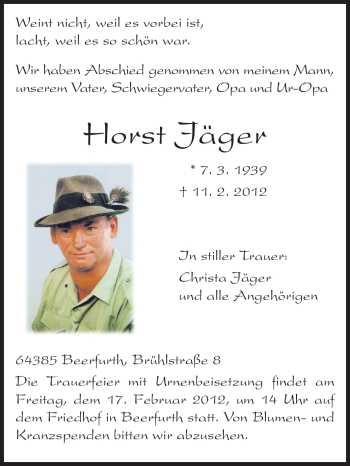 Traueranzeige von Horst Jäger von Odenwälder Echo