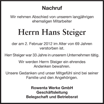 Traueranzeige von Hans Steiger von Odenwälder Echo