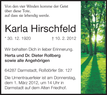 Traueranzeige von Karla Hirschfeld von Darmstädter Echo, Odenwälder Echo, Rüsselsheimer Echo, Groß-Gerauer-Echo, Ried Echo