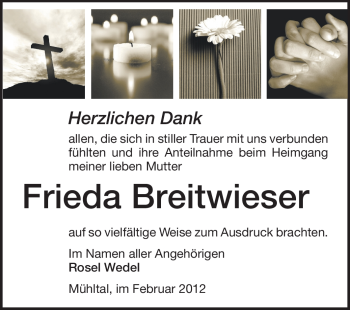 Traueranzeige von Frieda Breitwieser von Echo-Zeitungen (Gesamtausgabe)