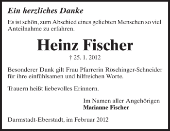 Traueranzeige von Heinz Fischer von Echo-Zeitungen (Gesamtausgabe)