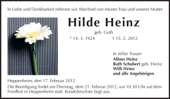 Traueranzeige von Hilde Heinz von Starkenburger Echo