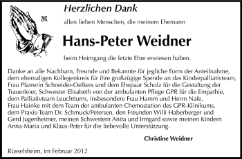 Traueranzeige von Hans-Peter Weidner von Rüsselsheimer Echo, Groß-Gerauer-Echo, Ried Echo