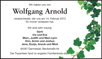 Traueranzeige von Wolfgang Arnold von Echo-Zeitungen (Gesamtausgabe)