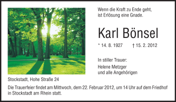 Traueranzeige von Karl Bönsel von Echo-Zeitungen (Gesamtausgabe)