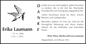 Traueranzeige von Erika Laumann von Starkenburger Echo