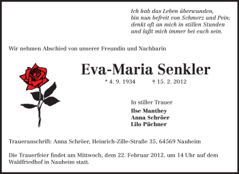 Traueranzeige von Eva-Maria Senkler von Rüsselsheimer Echo, Groß-Gerauer-Echo, Ried Echo