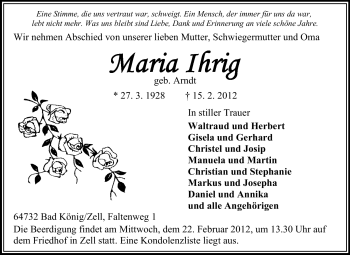 Traueranzeige von Maria Ihrig von Odenwälder Echo