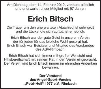 Traueranzeige von Erich Bitsch von Starkenburger Echo, Bergsträßer Anzeiger