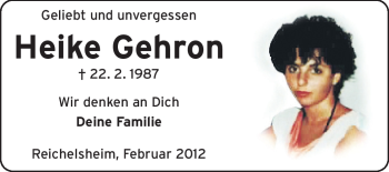 Traueranzeige von Heike Gehron von Odenwälder Echo