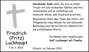 Traueranzeige von Friedrich Luckhaupt von Odenwälder Echo