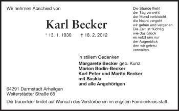 Traueranzeige von Karl Becker von Echo-Zeitungen (Gesamtausgabe)