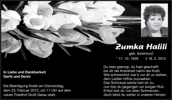 Traueranzeige von Zumka Halili von Rüsselsheimer Echo, Groß-Gerauer-Echo, Ried Echo