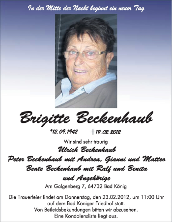 Traueranzeige von Brigitte Beckenhaub von Echo-Zeitungen (Gesamtausgabe)