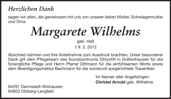 Traueranzeige von Margarete Wilhelms von Echo-Zeitungen (Gesamtausgabe)
