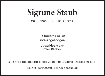 Traueranzeige von Sigrune Staub von Echo-Zeitungen (Gesamtausgabe)