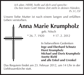 Traueranzeige von Anna Marie Krumpholz von Echo-Zeitungen (Gesamtausgabe)