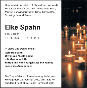 Traueranzeige von Elke Spahn von Echo-Zeitungen (Gesamtausgabe)