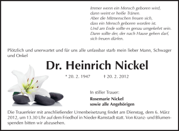 Traueranzeige von Heinrich Nickel von Echo-Zeitungen (Gesamtausgabe)