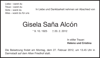 Traueranzeige von Gisela Saña Alcón von Echo-Zeitungen (Gesamtausgabe)