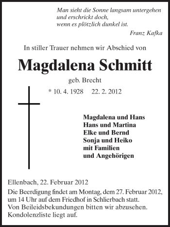 Traueranzeige von Magdalena Schmitt von Starkenburger Echo