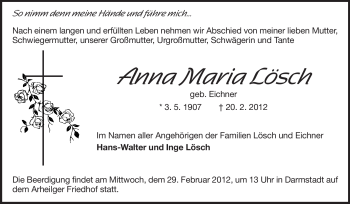 Traueranzeige von Anna Maria Lösch von Darmstädter Echo, Odenwälder Echo, Rüsselsheimer Echo, Groß-Gerauer-Echo, Ried Echo