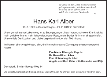 Traueranzeige von Hans Karl Alber von Darmstädter Echo, Odenwälder Echo, Rüsselsheimer Echo, Groß-Gerauer-Echo, Ried Echo