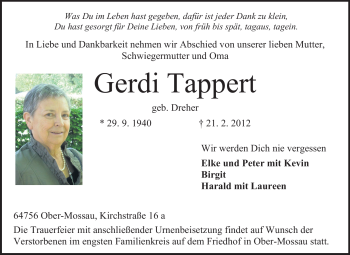 Traueranzeige von Gerdi Tappert von Odenwälder Echo