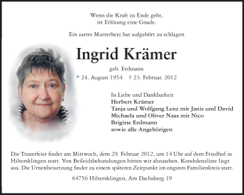 Traueranzeige von Ingrid Krämer von Odenwälder Echo