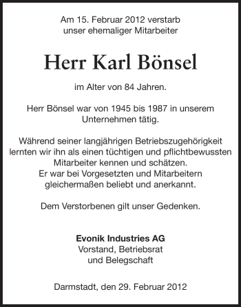 Traueranzeige von Karl Bönsel von Echo-Zeitungen (Gesamtausgabe)