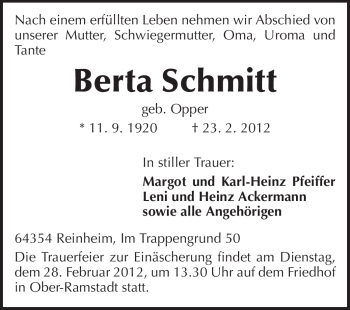 Traueranzeige von Berta Schmitt von Darmstädter Echo, Odenwälder Echo, Rüsselsheimer Echo, Groß-Gerauer-Echo, Ried Echo