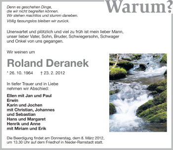 Traueranzeige von Roland Deranek von Echo-Zeitungen (Gesamtausgabe)