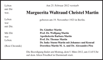 Traueranzeige von Marguerita Waltraud Christel Martin von Darmstädter Echo, Odenwälder Echo, Rüsselsheimer Echo, Groß-Gerauer-Echo, Ried Echo