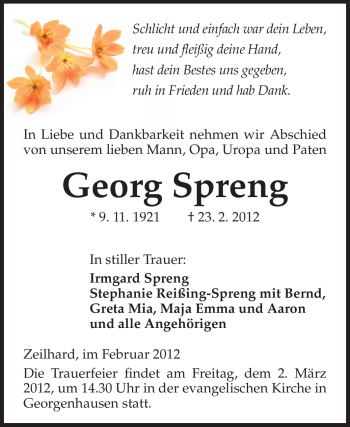 Traueranzeige von Georg Spreng von Echo-Zeitungen (Gesamtausgabe)