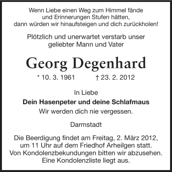 Traueranzeige von Georg Degenhard von Echo-Zeitungen (Gesamtausgabe)